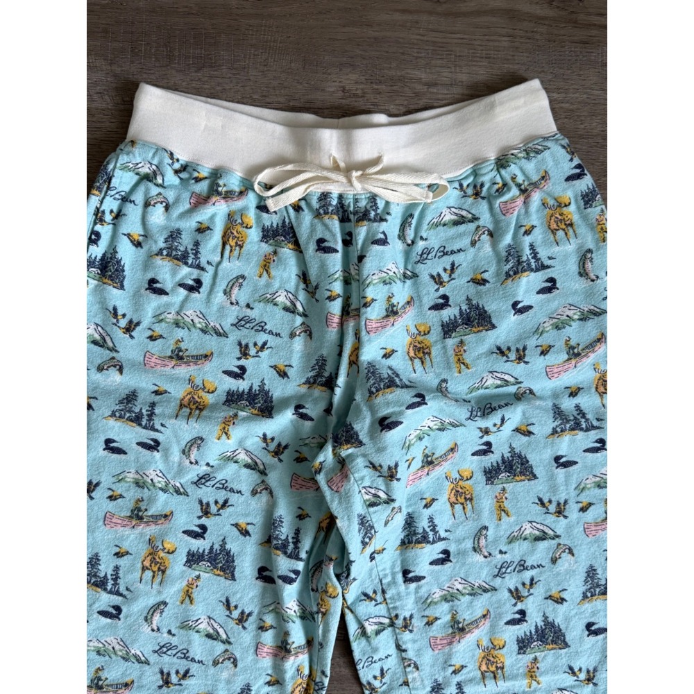 L.L.Bean Outdoor Pajama Lounge Pants Women's Small Blue Moose Lake Cabin Print - Picture 3 of 12